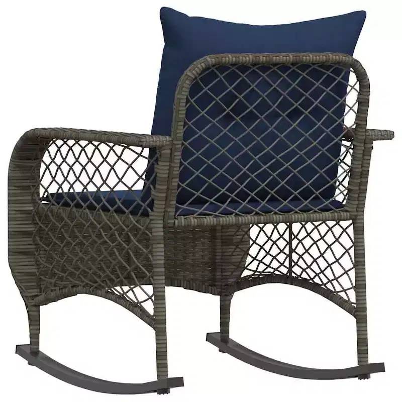 vidaXL Patio Rocking Chair with Cushions Gray Poly Rattan - Gray and Blue