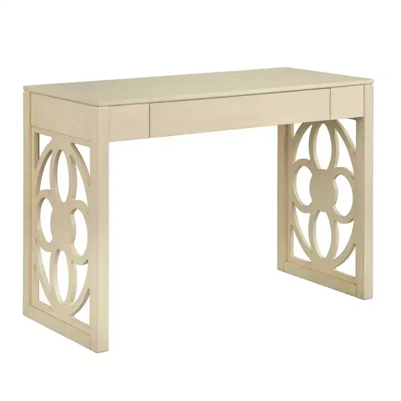Floral Panel Legs Desk White, Solid Rubberwood, Mid-Century Modern, 44