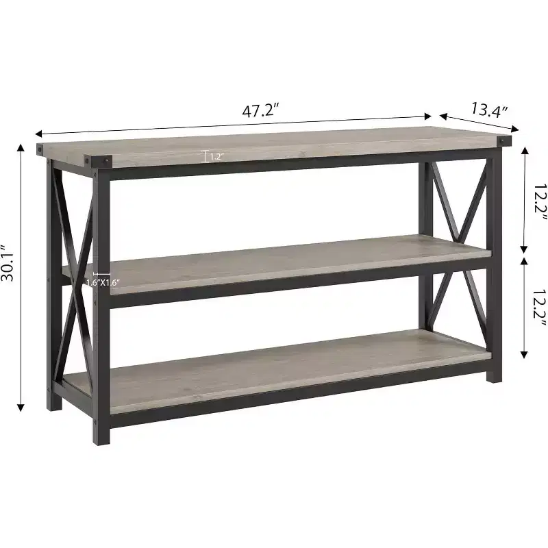 47-Inch Industrial Console Table with 3 Open Shelves, Long Entryway and Sofa Table, Narrow Storage Shelf for Hallway, Living Room, Bedroom