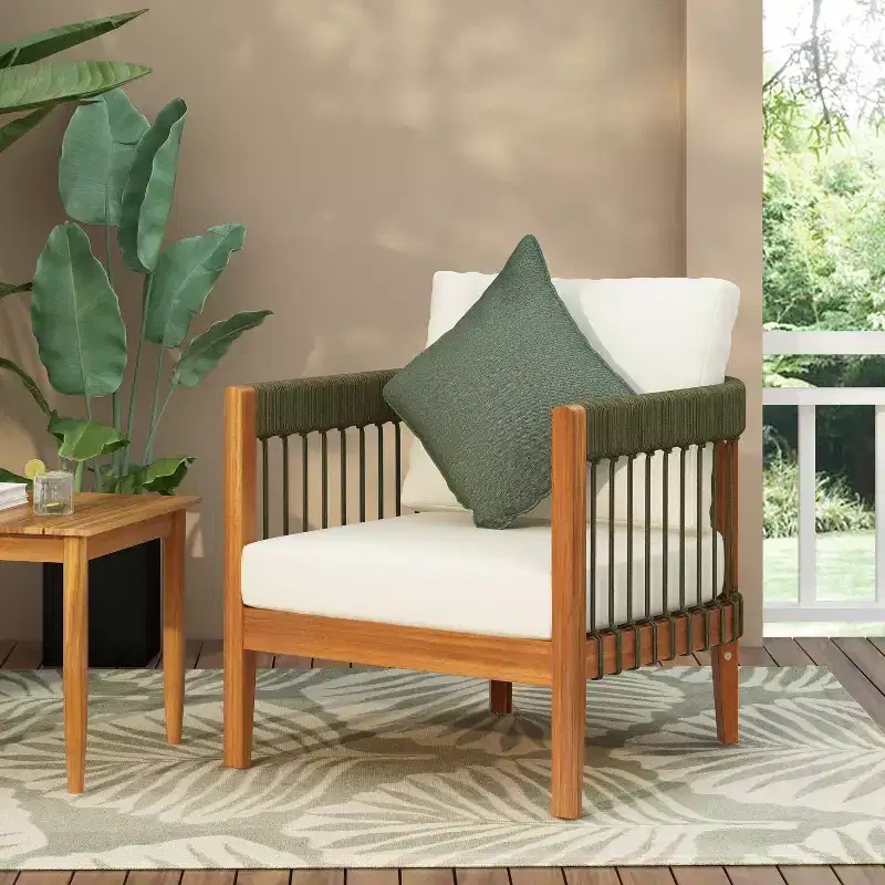 Christopher Knight Home Clifton Patio Rustic Acacia and Rope Upholstered Club Chair with Curved Back
