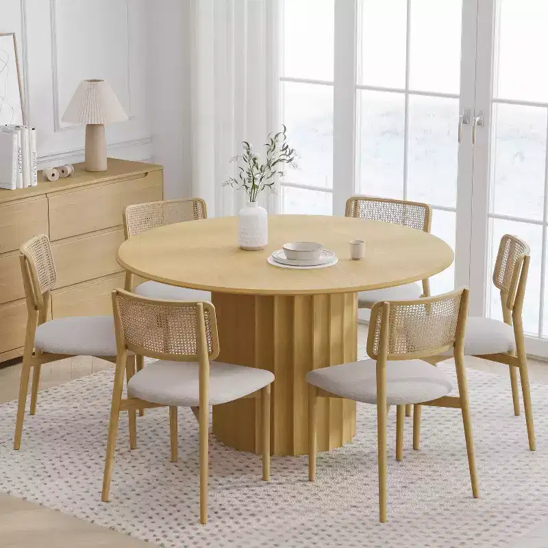 PexFix 52 Wood Round Dining Table Kitchen Table for 4-6 with Arc-Shaped Edge Top & Fluted Pedestal for Living/Dining Room Coffee Office Natural