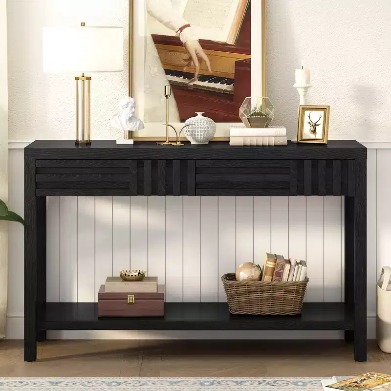 Wood Console Table with Storage, Modern Entryway Table with Striped Design for Living Room and Study