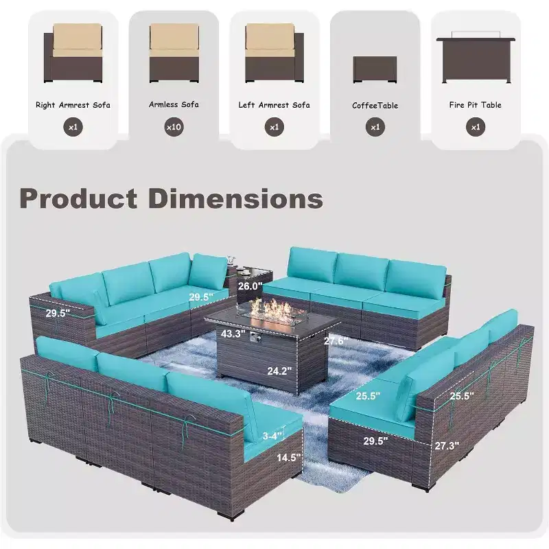 ALAULM 14 Pieces Patio Furniture Set, Rattan Wicker Outdoor Conversation Sets, Furniture Sofa Set w/43in Propane Fire Pit Table
