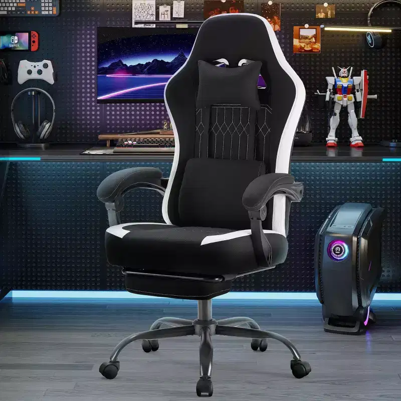 Okak Ergonomic Office Chair with Padding Armrest, Gaming Chair with Footrest and Lumbar Support, Swivel Chair with Wheels for Home, Office