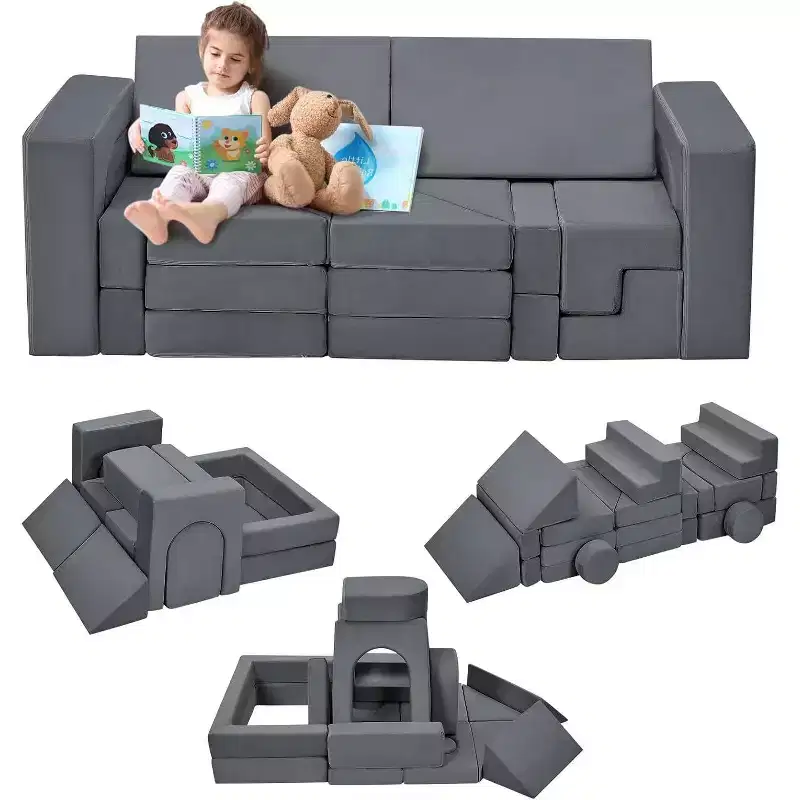 Acekool 22-Piece Kids Play Couch - Reconfigurable Modular Sofa with Soft Velvet Covers for Playrooms & Indoor Playtime (Grey)