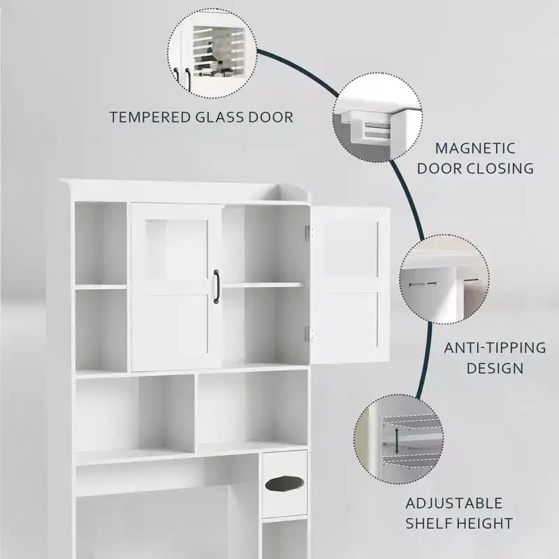 Over Toilet Cabinet - 67.4 h Bathroom Storage Organizer with Glass Door, Adjustable Shelves, Space Saving Furniture for Toilet, Laundry Room