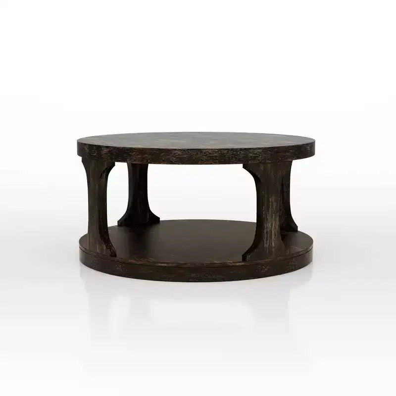 HOMES: Inside + OutSande Farmhouse Round Wood Coffee Table Antique Black: Fixed Shelf, Transitional Style