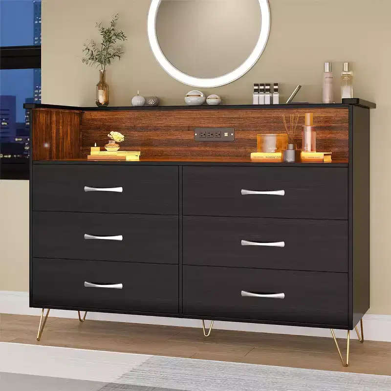 6-Drawer Dresser, 45 Inch TV Stand with Power Outlet, Wide Bedroom Dresser Chest with Open Space