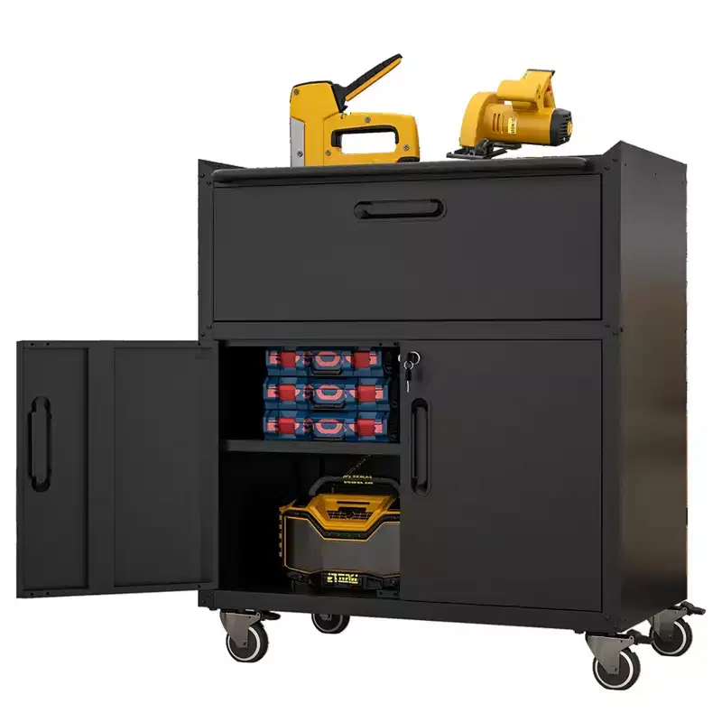 VIYET 35 Rolling Steel Tool Cabinet - Heavy-Duty Metal Storage with Top Fence, Locking Casters & Adjustable Shelf for Garage & Workshop, Black