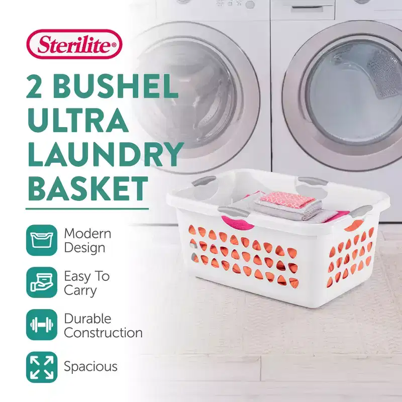 White Rectangular Laundry Basket with Handles, 2-Bushel, 8-Pack