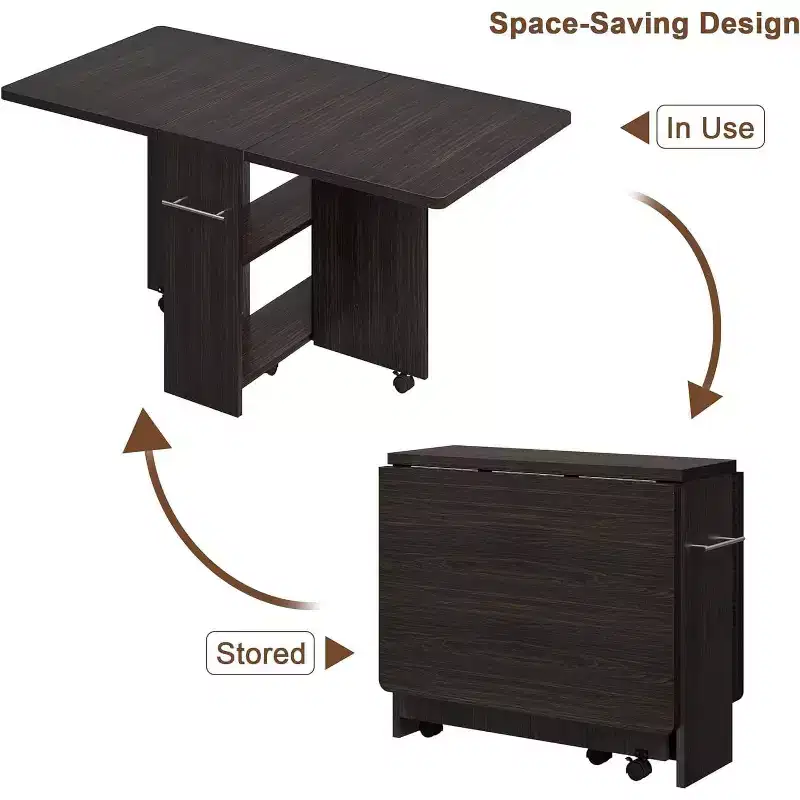 Folding Dining Table, Drop Leaf Table with 6 Wheels and 2-Tier Storage Shelf, Space-Saving Dining Table for Small Spaces