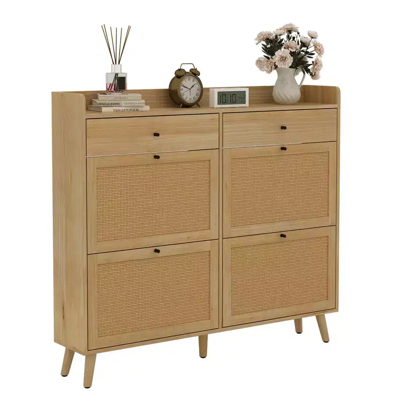 Shoe Cabinet, Farmhouse Narrow Entryway Organizer with 4 Flip-Down & 2 Standard Drawers, Rattan Doors