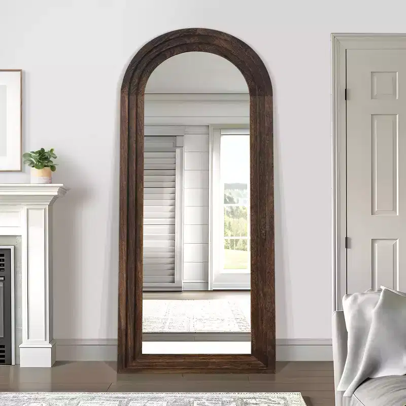 PexFix 31 in. W x 71 in. H Classic Arched Solid Wood Framed Mirror in Brown