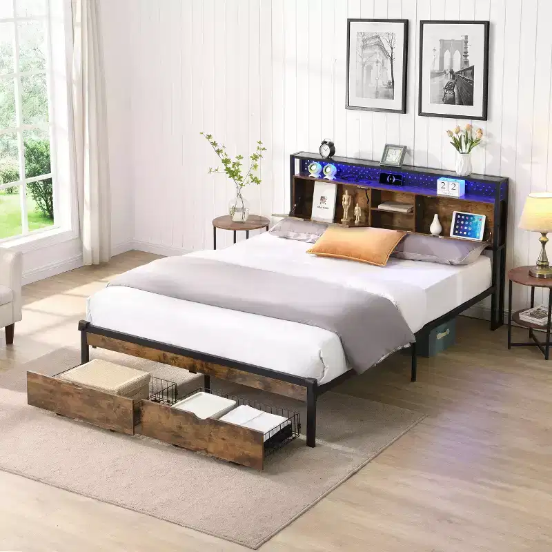 Okak Queen Metal Bed Frame with Wooden Headboard and Footboard USB,Platform Bed Frame with Charging Station,LED Lights for Bedroom,Black Brown
