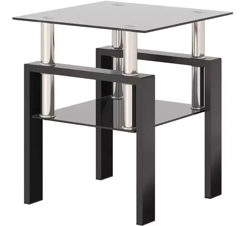 Modern Coffee Table, Tempered Glass Center Tea Table, 2-Tier Coffee Table with Storage Shelf, Square Table for Living Room Home Office Small Space