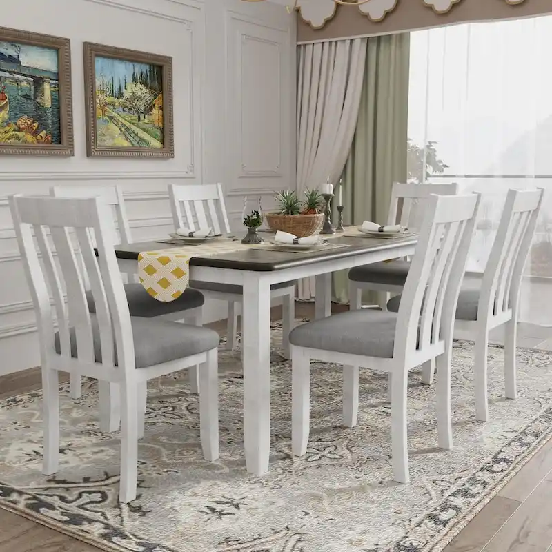Nestfair Retro Style 7-Piece Dining Table Set with Extendable Table and 6 Upholstered Chairs