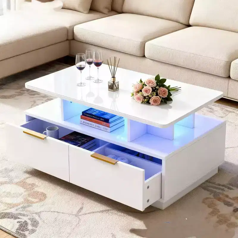 Rectangular Coffee Table with LED Lighting, 4 Drawers & Open Shelf – White, MDF