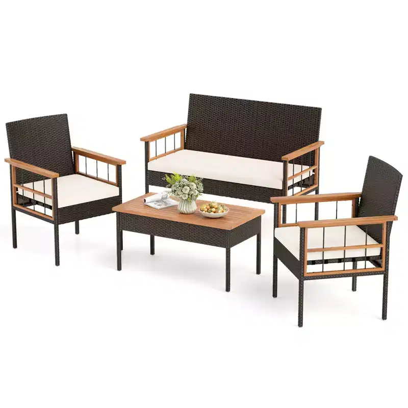 Costway 4 PCS Wicker Furniture Set with Acacia Wood Tabletop Armrests Cushions for Backyard