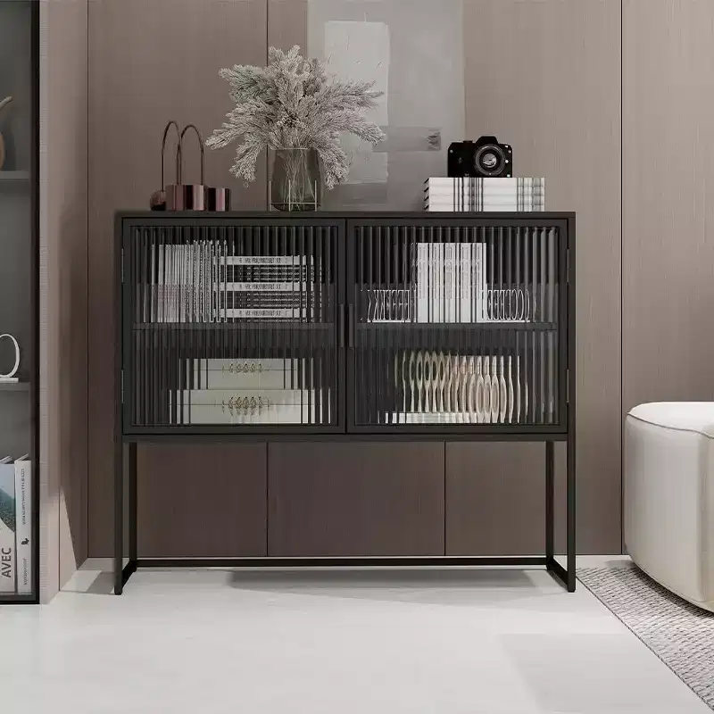 Contemporary Display Cabinet, 2-Tier Freestanding Storage Unit with Glass Doors & Metal Frame, Kitchen Buffet Sideboard for Living Spaces