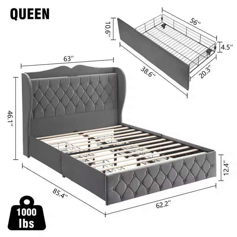 Velvet Platform Bed with 4 Storage Drawers & Charging Station, Tall Headboard