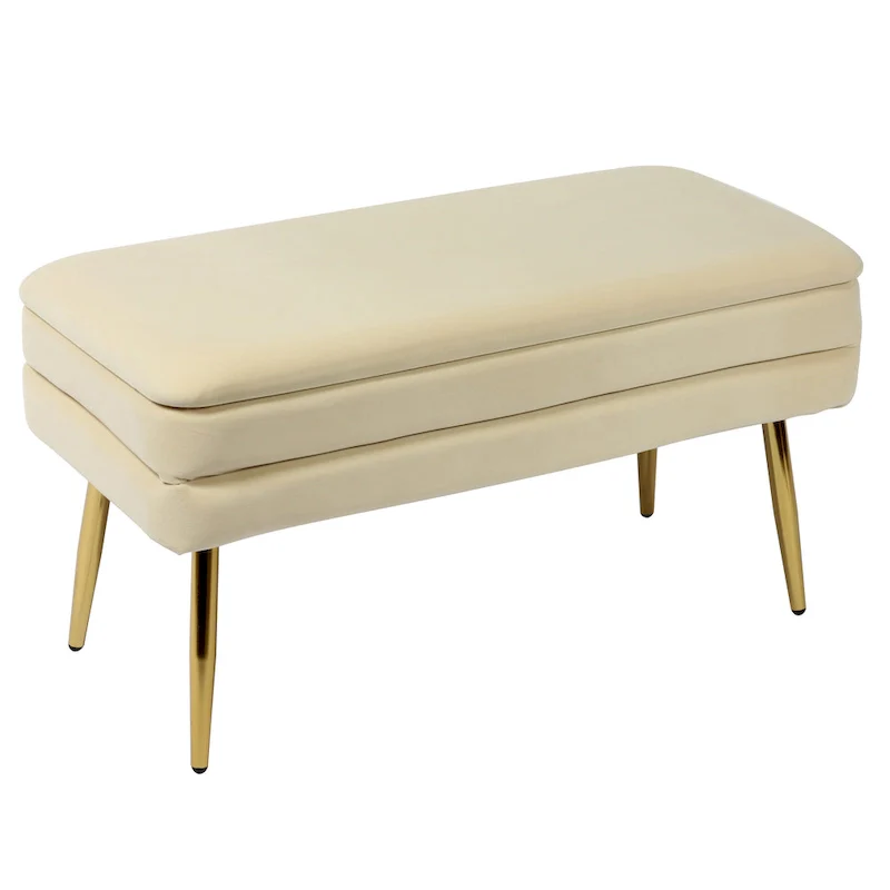 Channel-Tufted Velvet Storage Bench with Gold Legs – Cream, 1-Person Seating