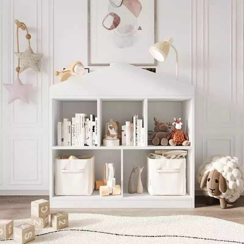 CuisinSmart Toy Storage Organizer 5-Cubby Kids Bookshelf, White Wooden Bookcase with Roof Design, Toy Storage Shelf for Playroom, Nursery, Kids Room