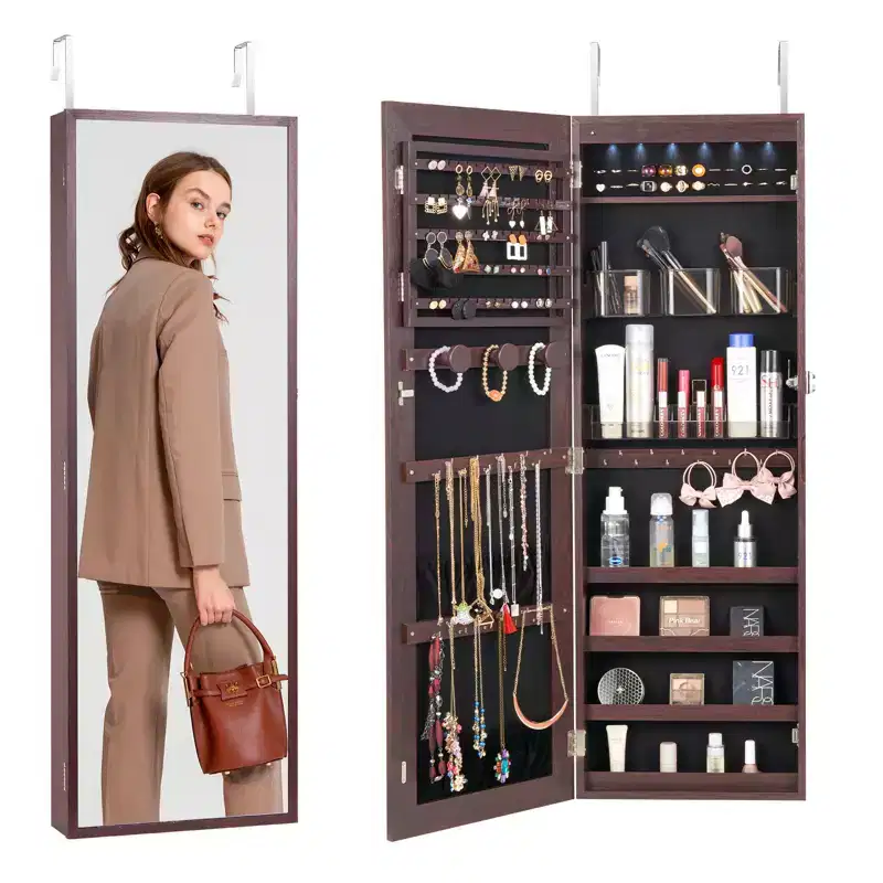 VEVOR Mirror Jewelry Cabinet, 42.52-Inch Tall Lockable Jewelry Cabinet Armoire with Full-Length Mirror, Wall or Door Mounted Jewelry Mirror, Brown