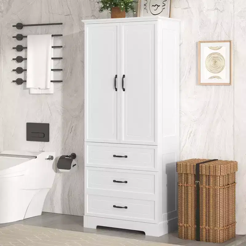 Clara Modern Tall Bathroom Storage Cabinet – Double Doors, Adjustable Shelf & 2 Drawers