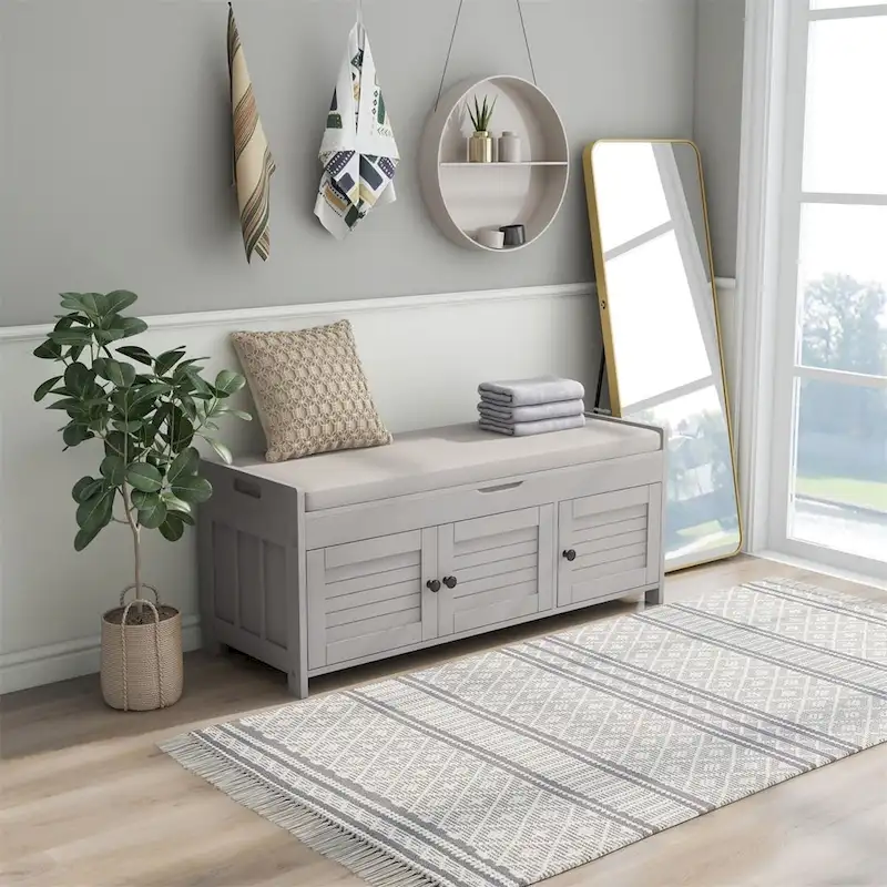 Merax 3 Shutter-shaped Doors Storage Bench with Removable Cushion
