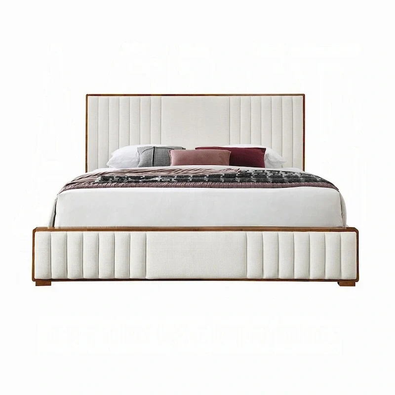 Lesa King Bed, Channel Tufted Beige Chenille Upholstery, Walnut Brown