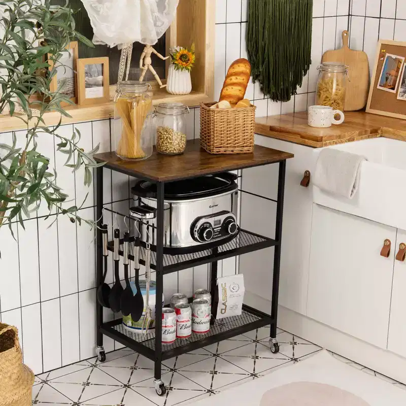 Costway Industrial Serving Cart 3-Tier Kitchen Utility Cart on Wheels w/Storage Black