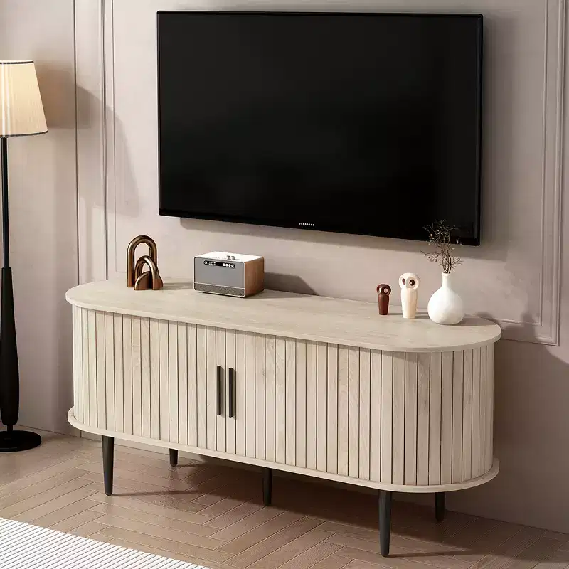 Mid-Century Modern Wooden TV Stand with Sliding Door