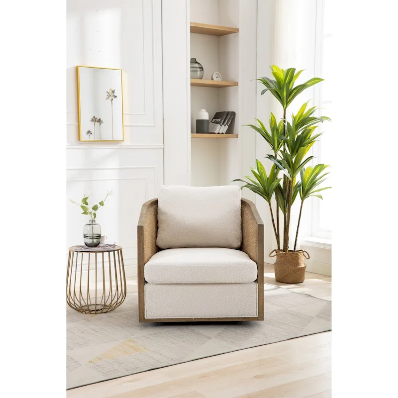 Swivel Barrel Chair, Comfy Round Accent Chair, 360 Degree Swivel Barrel Club Chair, Leisure Arm Chair with Rattan Woven Frame