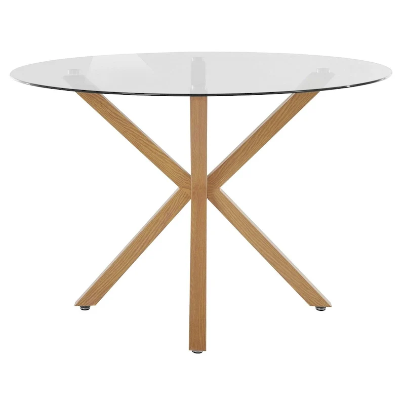 Square Glass Top Dining Table with Oak-Look Metal Legs – Seats 4, 1-Year Warranty