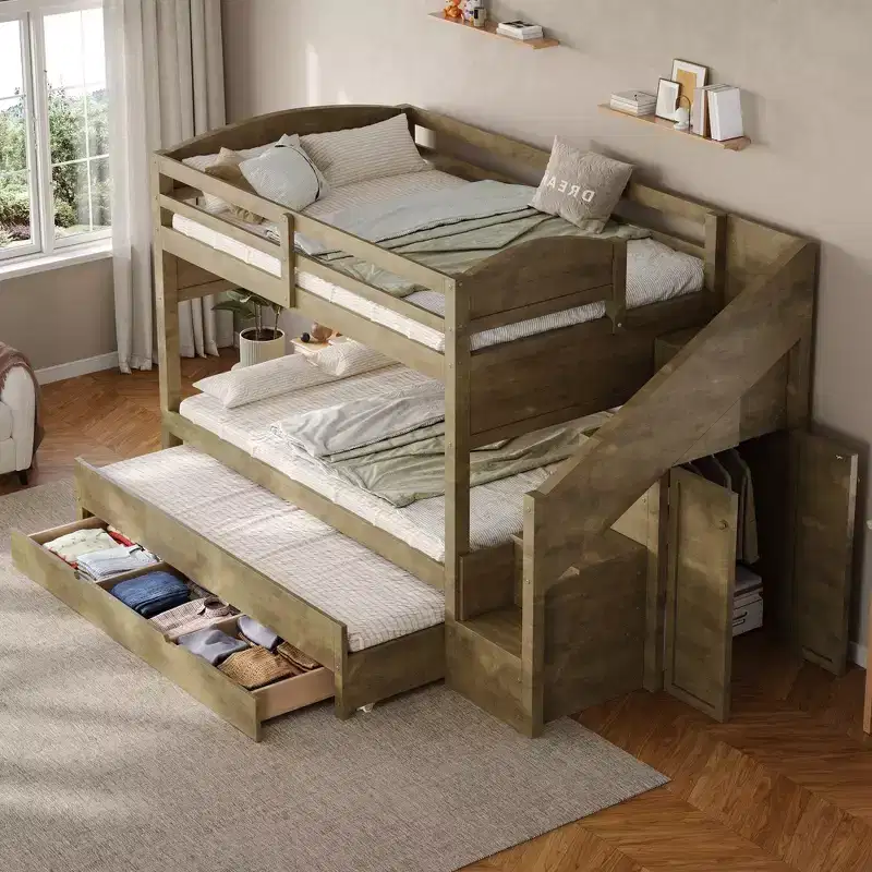 Twin XL Bunk Bed Frame with Trundle Storage Staircase Wardrobe 3 Drawers for Kids
