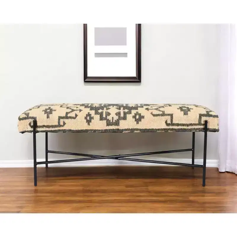 HomeRoots 48 Cream and Black Cotton Blend Upholstered Southwest Bench