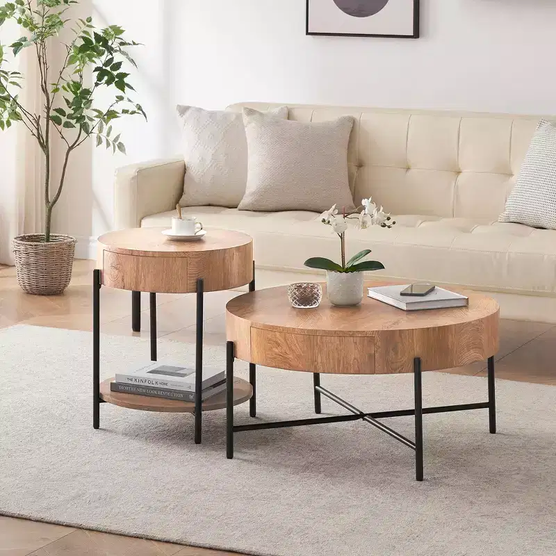 Round Coffee Table Solid Wood Center Table with Two Drawers Farmhouse Circle Coffee Table Living Room Rustic Cocktail Table ,Natural