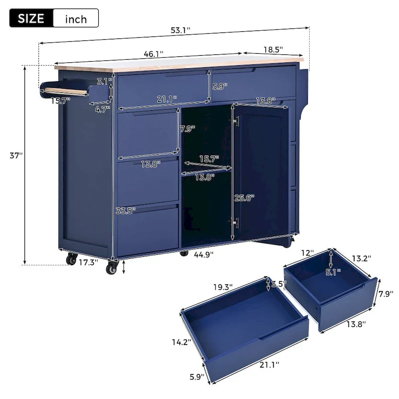 53 in. W Kitchen Island with Countertop and Drawers - N/A