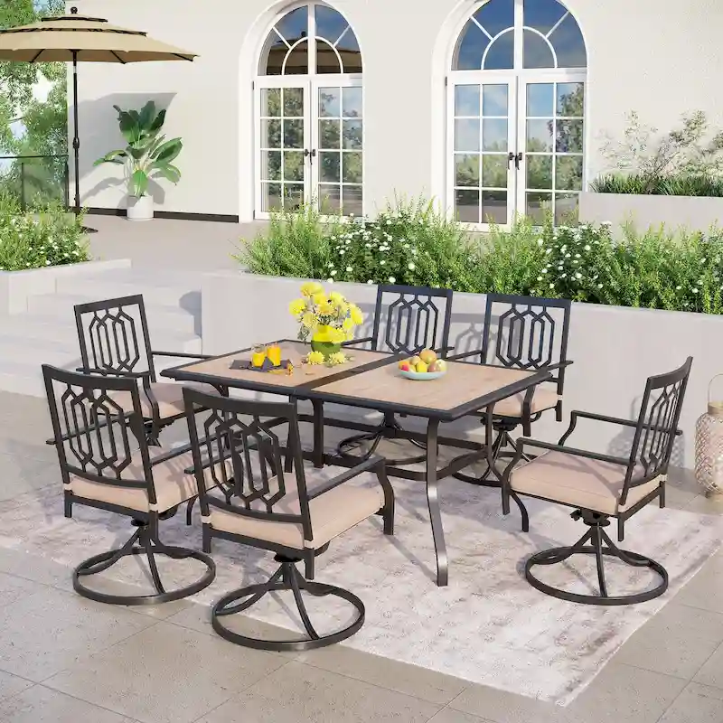 MAISON ARTS 7-piece Patio Dining Set, 1 Rectangle Wood-like Table with Umbrella Hole and 6 Metal Swivel Chairs