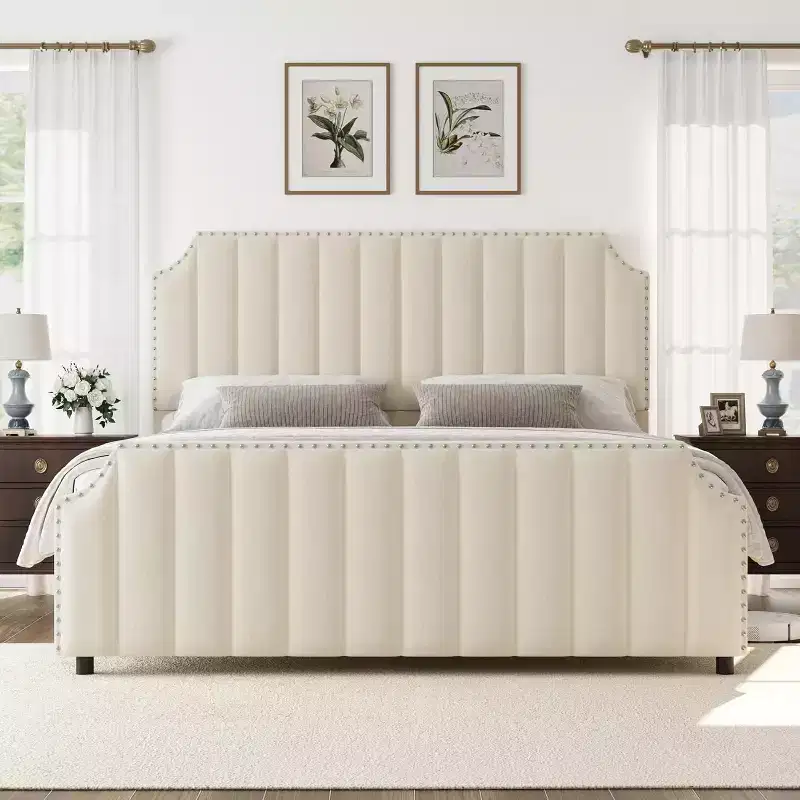 California King Velvet Bed Frame with 50.2 Vertical Channel Tufted Headboard & Footboard, Nailhead Trim, Upholstered Platform Bed