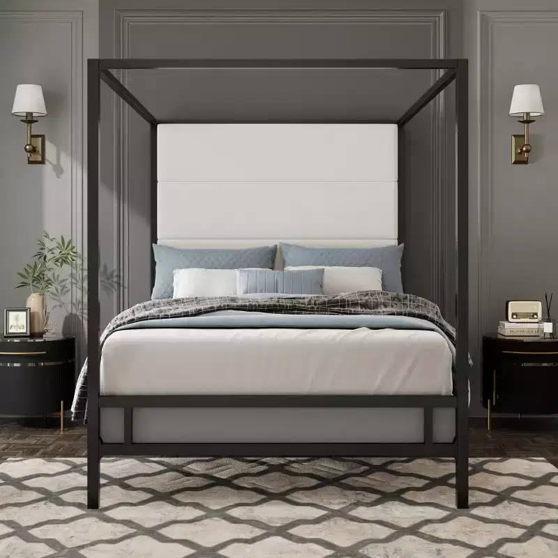 GDFStudio Patrick Modern Queen Canopy Bed with Tall Velvet Upholstered Headboard