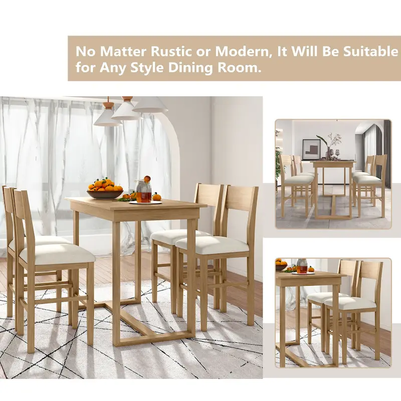 5 Pcs Counter Height Dining Table Set, Solid Wood Kitchen Dining Table Set with Rectangular Dining Table and 4 Dining Chairs