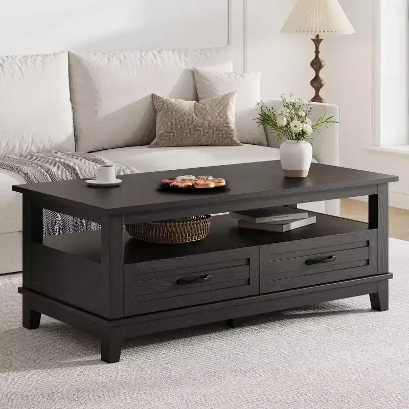 Farmhouse Coffee Table with Drawers, 47.2 in Center Table Rustic Coffee Tables Walnut Center Table with Open Shelf, 6 Support Legs