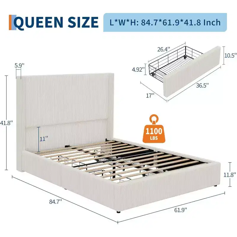Acekool Corduroy Upholstered Storage Bed with Drawers, Modern Platform Bed Frame