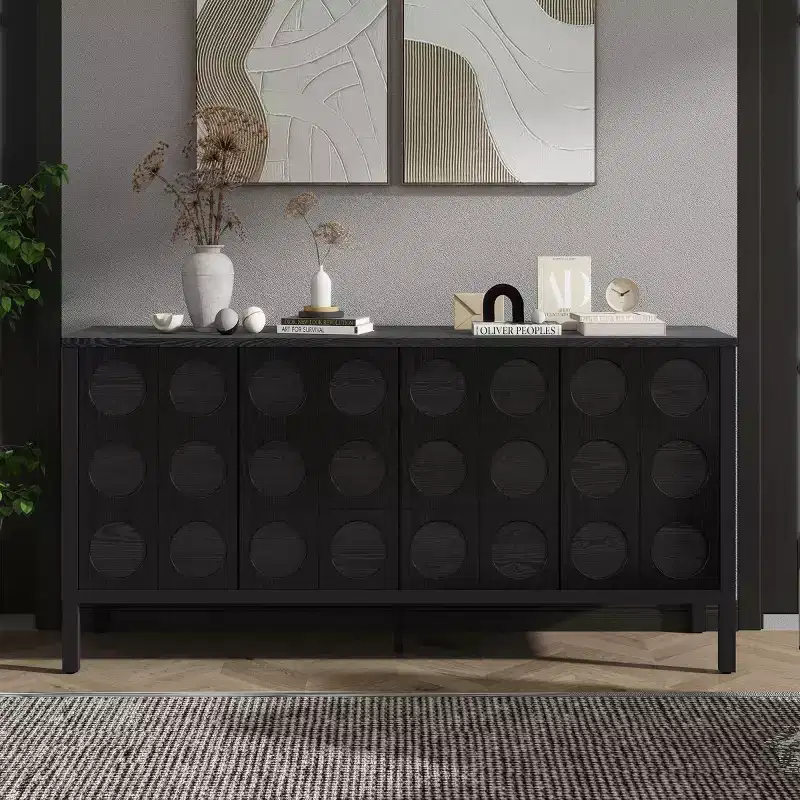 Sideboard Buffet Cabinet With Storage,Wood Coffee Bar Cabinet,Console Storage Cupboard With 4 Geometric Circular Design Doors,Buffet Cabinet Black