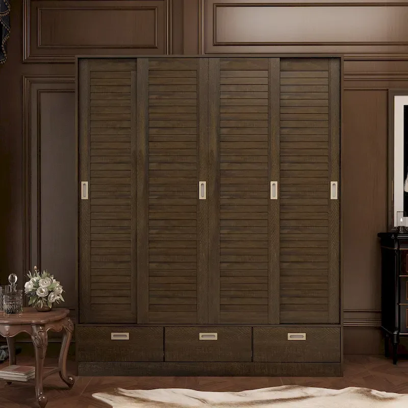 Brown Wood Grain 4-Door Sliding Wardrobe with Drawers & Hanging Rod