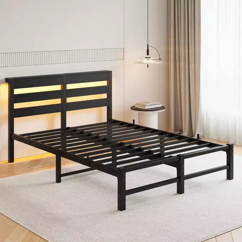 Full Size Metal Wooden Headboard Bed Frame RGB Lights Outlets Charger Storage Shelf Noise Free No Box Spring Needed
