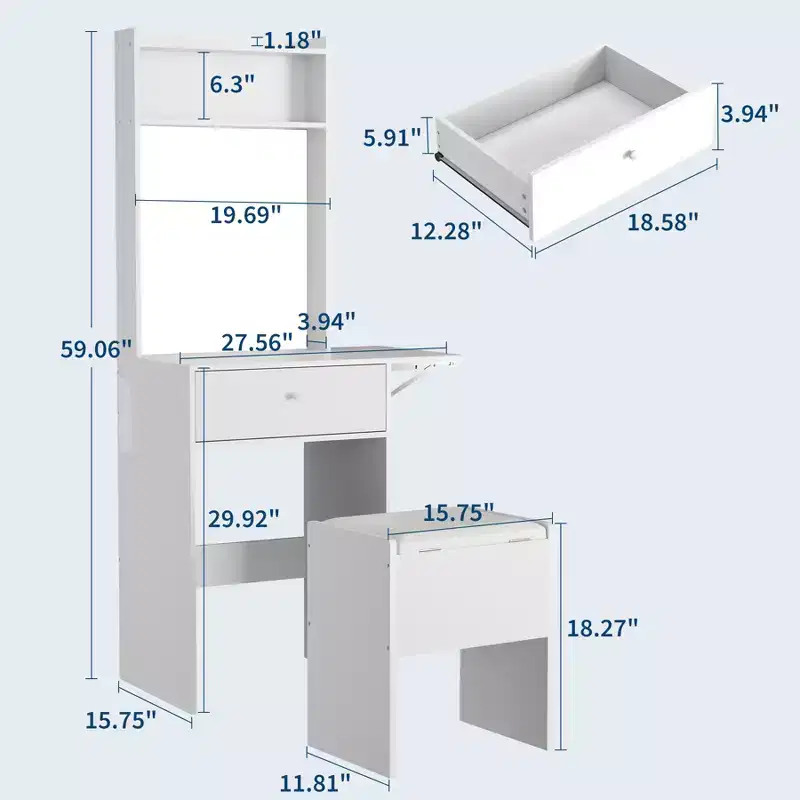 Compact dressing table with smart LED mirror, integrated power outlets - Foldable top - Storage chair and open shelves - Ideal for bedroom