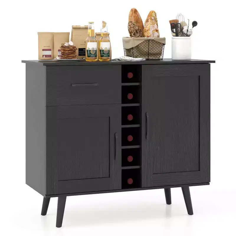Costway 2-Door Wine Bar Cabinet Kitchen Sideboard Buffet with Drawer & Adjustable Shelves Black/Natural