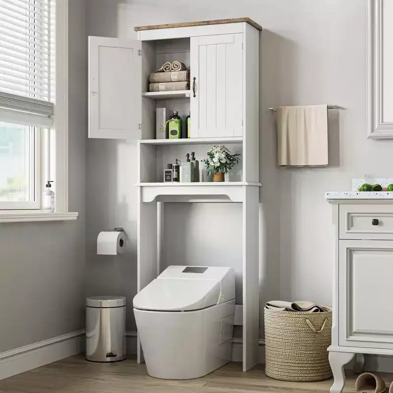 Over The Toilet Storage Cabinet, 66''H Bathroom Space Saver Organizer with Double Doors & Adjustable Shelves Free Standing Toilet Shelf